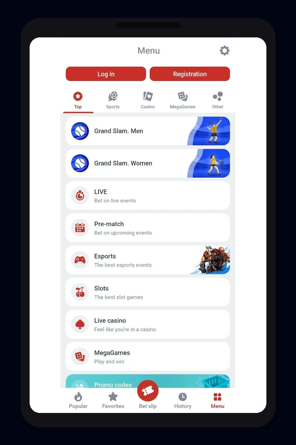 L'interface du bookmaker Megapari sur mobile