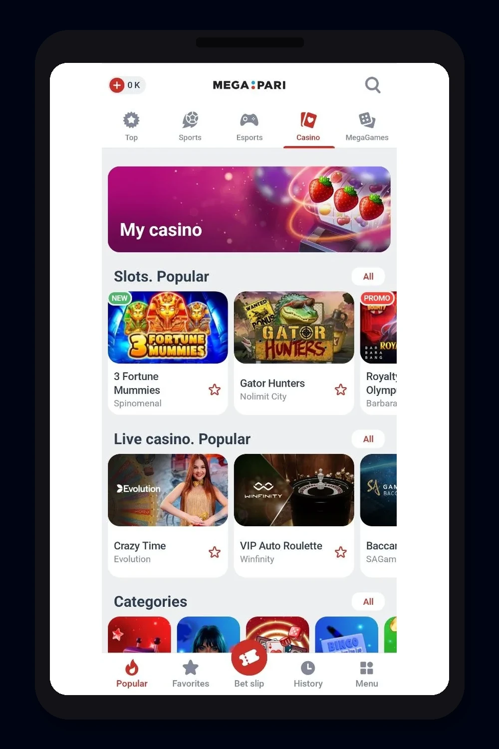 L'interface du bookmaker Megapari sur mobile